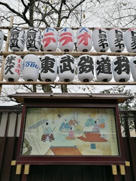 A set of traditional Japanese lanterns with black, red, and blue inscriptions hang above a framed illustration depicting figures in traditional attire, possibly from a historical or cultural scene. The illustration is housed in a wooden frame with decorative gold accents. In the background, bare tree branches can be seen against a cloudy sky.
