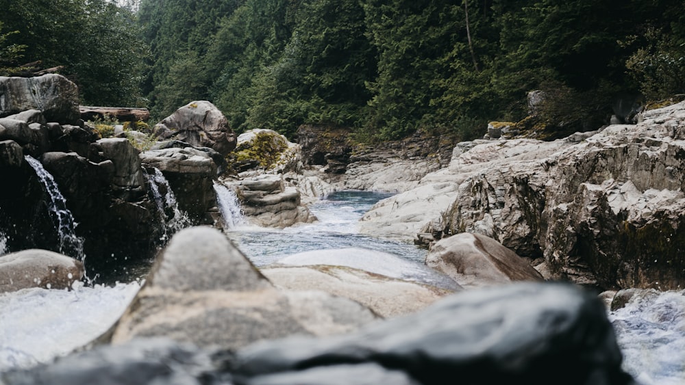 water falls with rocks and trees in the distance