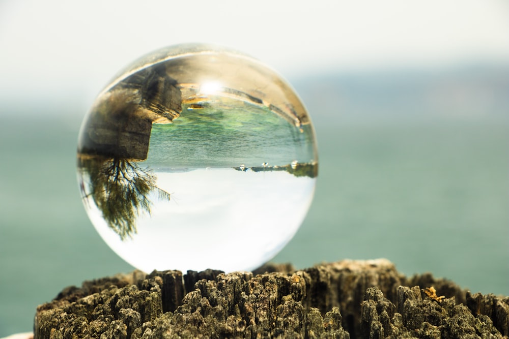 clear glass ball on brown rock