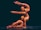 Two performers are engaged in a complex acrobatic pose on a dark stage. They are wearing multicolored, intricate bodysuits that blend red, pink, and gold hues. The performer's positions demonstrate strength and balance.