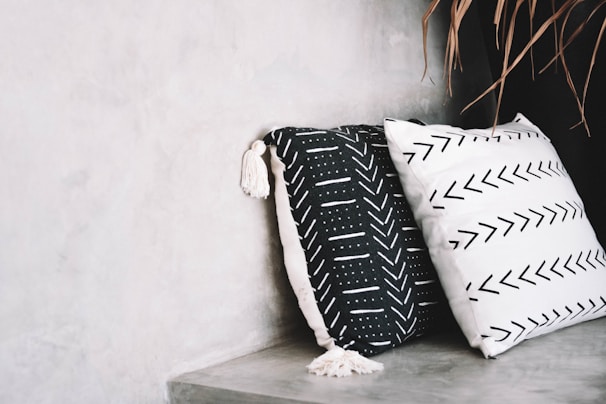 Two decorative pillows rest against a neutral-toned concrete wall. The pillow on the left is black with white geometric patterns and tassels, while the one on the right is white with black arrow patterns. A few dried leaves are visible in the top right corner.