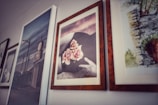 A series of framed pictures are hanging on a wall. The central image features a black and white photograph with a person's hand resting gently on a surface, adorned with light pink roses. The surrounding frames display various artworks, including what appears to be an urban scene and a landscape painting.