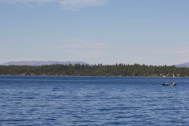 A serene lake with calm, blue waters stretches in the foreground, bordered by dense evergreen forests. Two individuals in a canoe are paddling on the right side, adding a sense of exploration and tranquility to the scene. The background features distant mountains under a clear blue sky, suggesting a peaceful, natural environment.