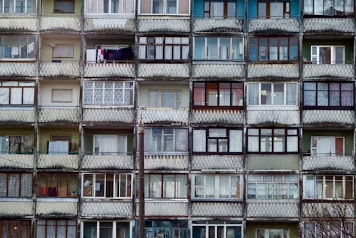 Facade of affordable housing buildings with balconies