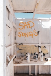 The interior of a small, worn wooden structure features graffiti on the walls with the words 'SAD SONGS' in bold orange paint. Several missing person milk cartons are scattered across a dusty shelf.