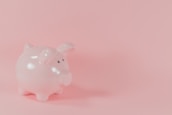 A light pink ceramic piggy bank is placed on a solid pink background. The surface of the piggy bank is glossy and it has small black eyes.