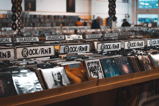 Rows of vinyl records are displayed in a music store, categorized under various genres such as Rock/RnB and Classical. The shelves are filled with album covers featuring diverse artwork. The space is well-lit, suggesting an inviting atmosphere for browsing music enthusiasts.