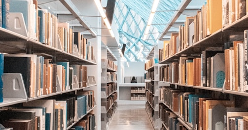 brown wooden book shelves in library