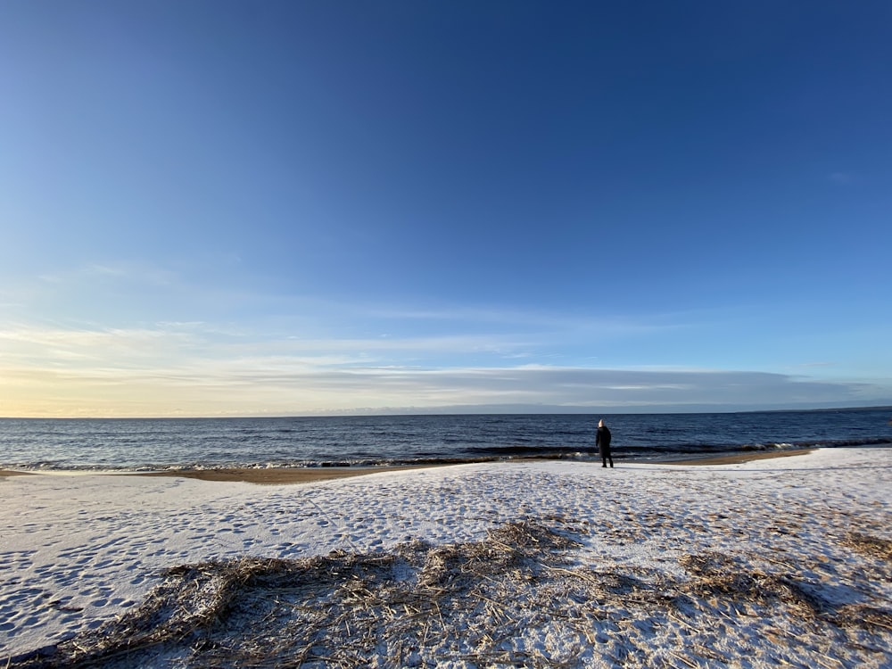 person standing on gray sand near body of water during daytime