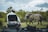 A person is seated in a safari vehicle, observing an elephant standing in the lush green bush. The sky is overcast with dark clouds, adding a dramatic backdrop.