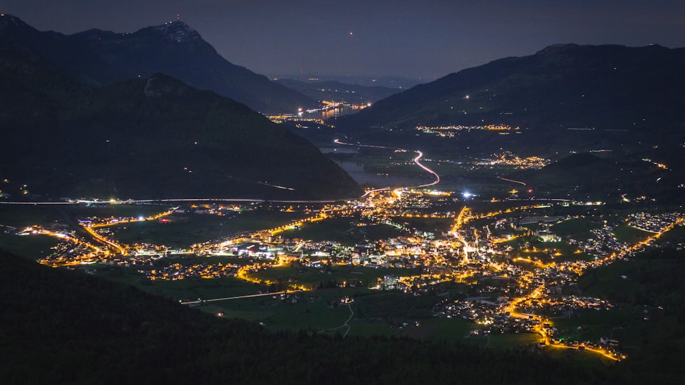 aerial view of city during night time