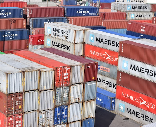 red blue and white intermodal containers