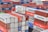 red blue and white intermodal containers