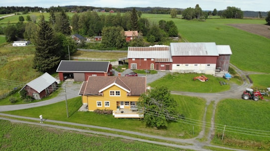 A rural landscape featuring a farmhouse with a yellow facade surrounded by green fields and trees. Several outbuildings with red and gray roofs are visible, along with a red tractor and farming equipment on the grass. A dirt path runs through the property, and electrical poles are present. The background shows rolling hills and additional wooded areas.