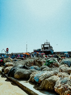 A bustling dockside scene showing numerous fishing nets piled on the ground. In the background, a large boat is docked, and a group of people is gathered near market stalls with colorful umbrellas. The overall environment suggests a vibrant and busy maritime market.