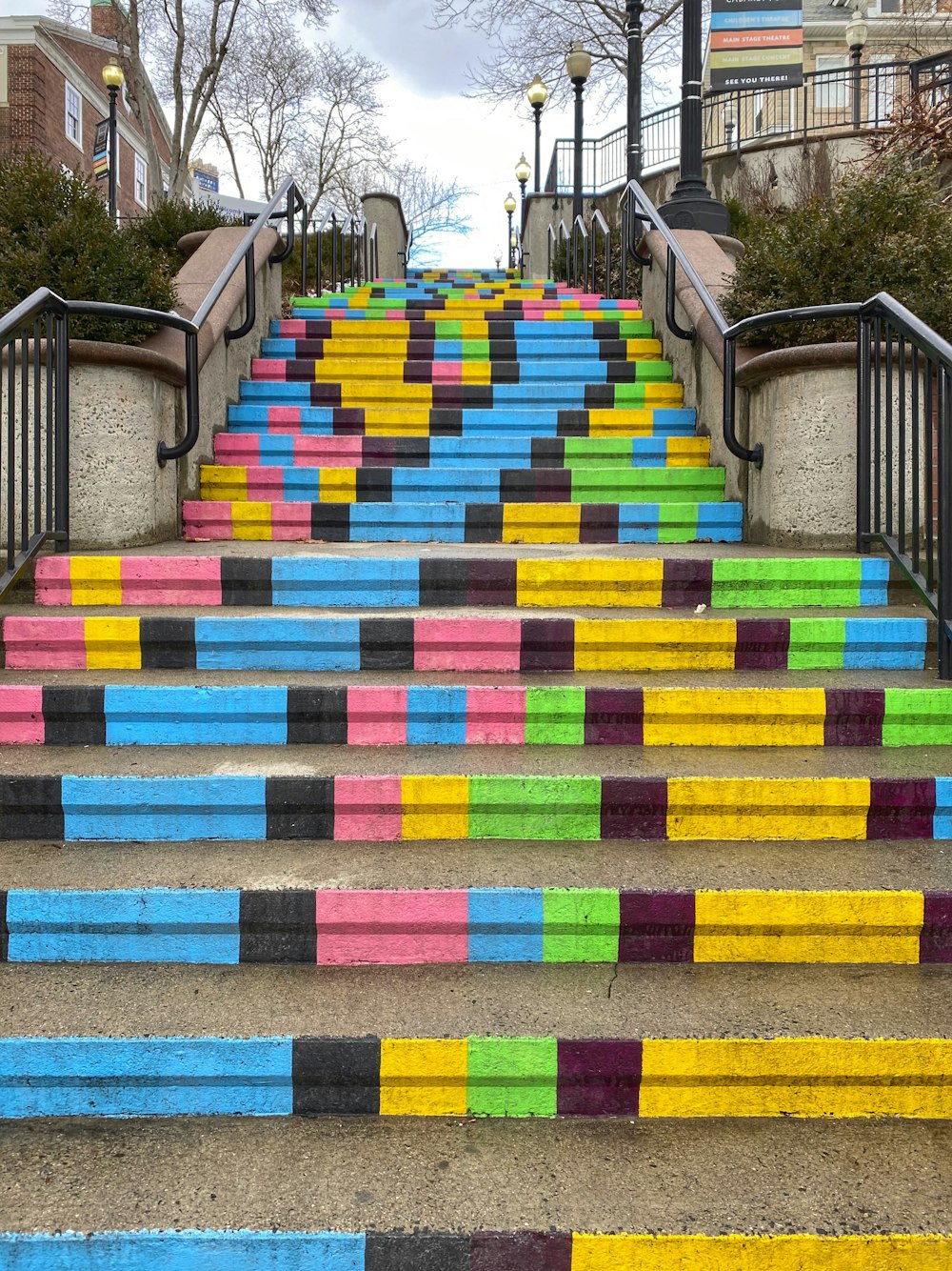 yellow blue and red concrete staircase