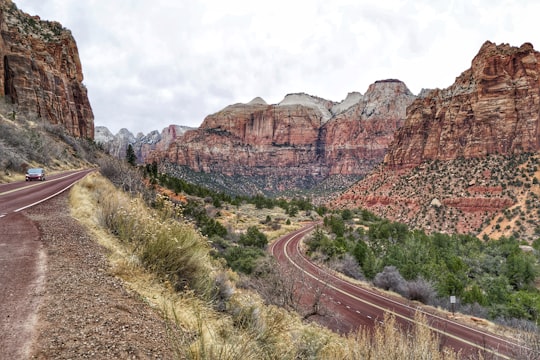 brown and green grass field near brown rocky mountain under white cloudy sky during daytime in Zion National Park United States