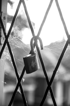 A padlock hangs unsecured on a metal grate with cobwebs visible around it. The image is in black and white, giving it a monochromatic look. The lighting creates a strong contrast between the lock and the background.