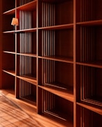 brown wooden shelves with white pendant lamp