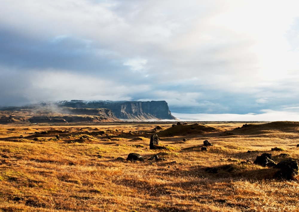 brown grass field near mountain under white clouds during daytime