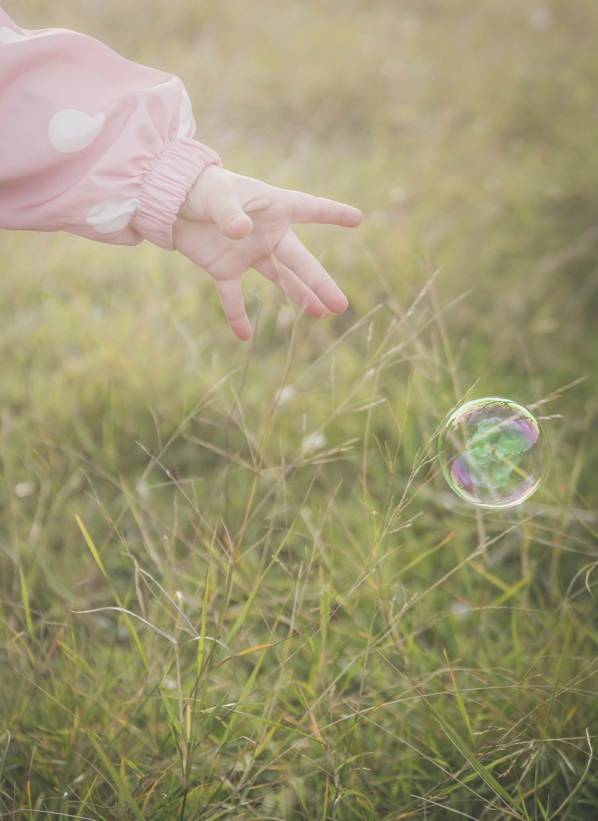 person holding bubble on green grass field during daytime
