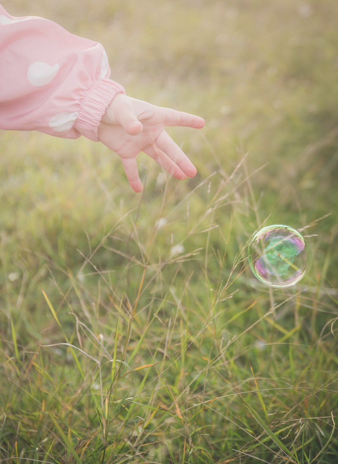 person holding bubble on green grass field during daytime