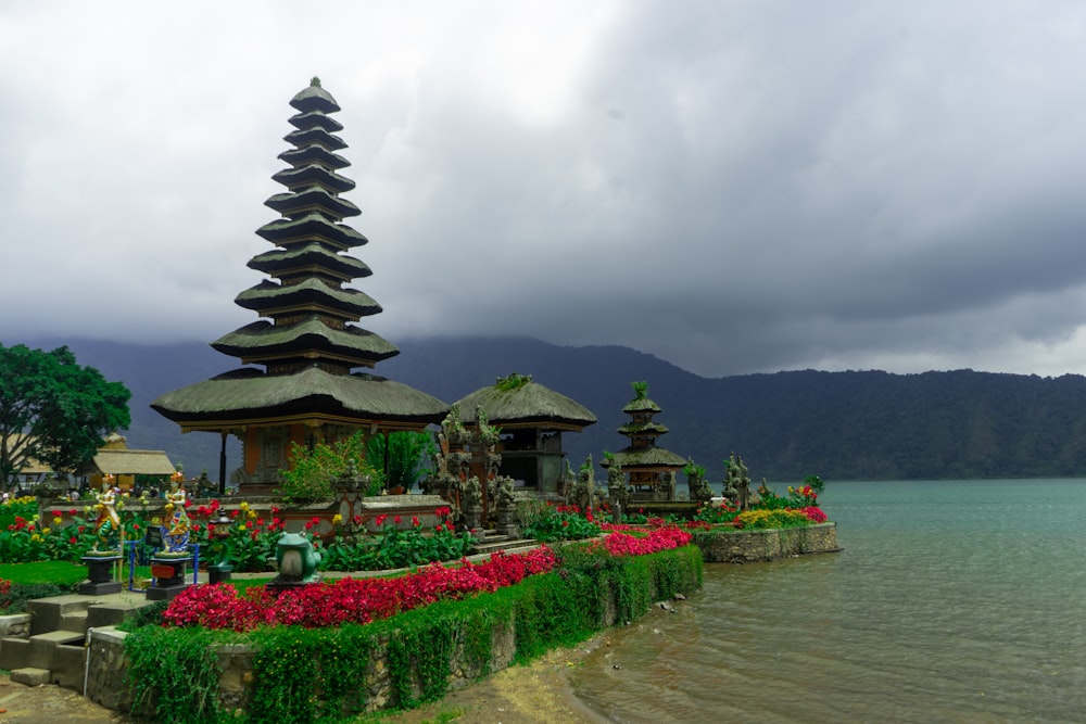 brown and black temple near body of water under cloudy sky during daytime