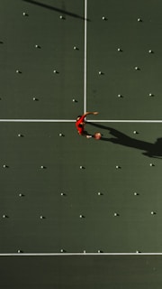 Aerial view of a tennis court with a person in a red shirt standing in the center, surrounded by scattered tennis balls aligned in a grid pattern. The court surface is a deep green with white boundary lines. The person's shadow is clearly visible due to the overhead sunlight.