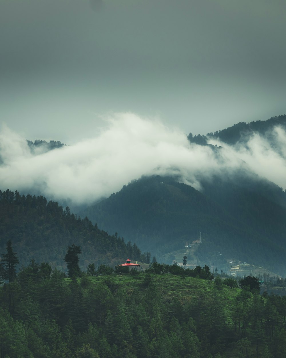 green trees near mountain under white clouds during daytime