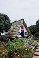 A charming, thatched-roof A-frame house surrounded by a lush garden with colorful flowers and a rustic wooden bench. The house features white walls with blue and red accents, and is situated in a picturesque, green landscape.