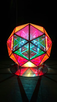 A vibrant, colorful handmade sculpture glowing under soft gallery lighting.