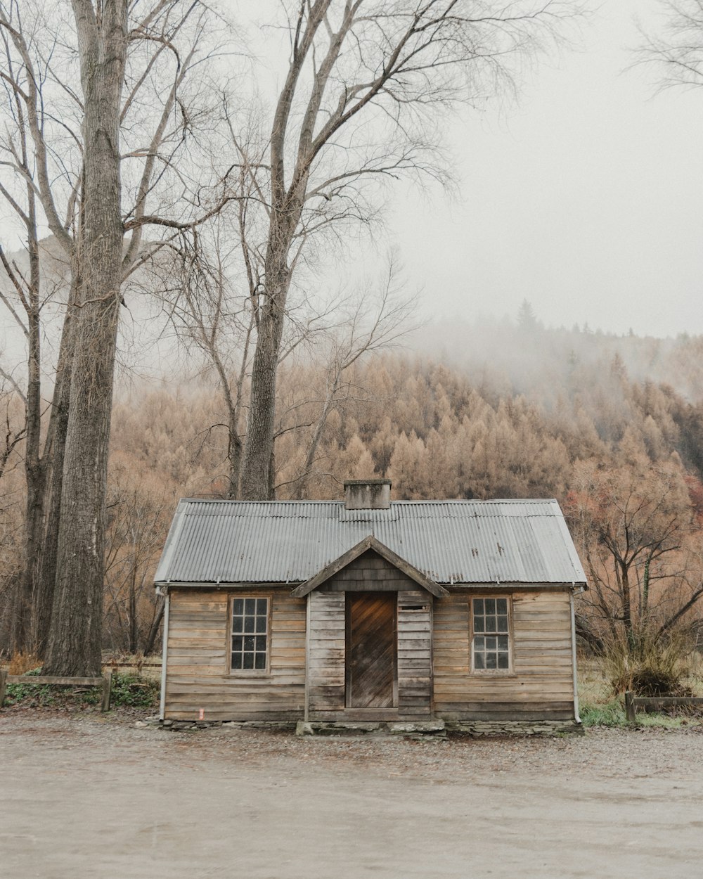 brown wooden house near bare trees during daytime