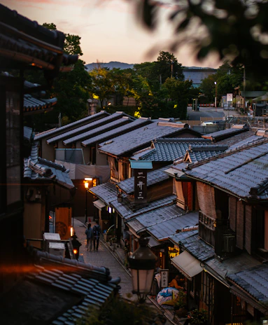 Charming street view near the villas with warm ambient lighting.