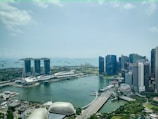 Aerial view of a modern urban landscape with a prominent hotel featuring three towers connected by an elevated platform. Surrounding the hotel are sleek skyscrapers and a body of water housing several small boats. The scene includes lush greenery and a large ferris wheel in the distance.