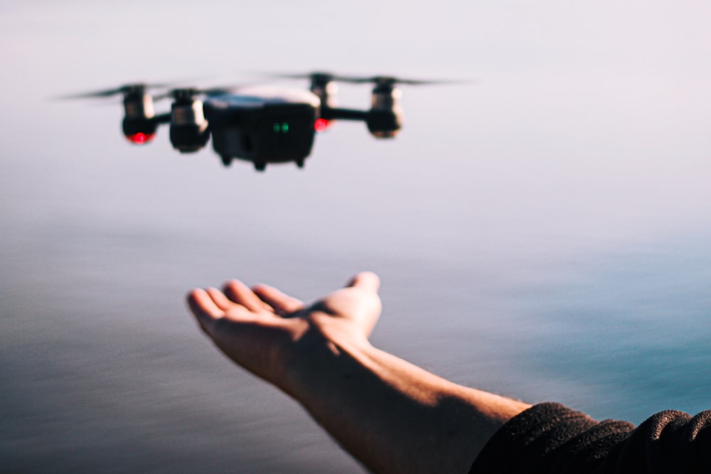 person holding black and white drone