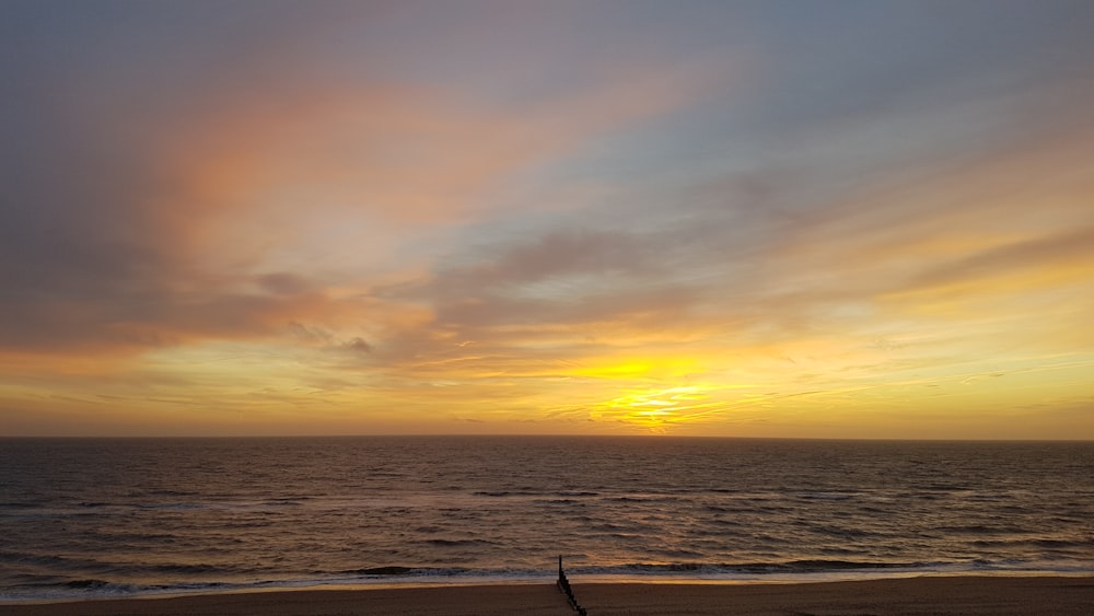 silhouette of person standing on sea shore during sunset