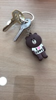 A pair of metal keys is attached to a keyring alongside a cute bear keychain. The bear character is brown and wears a white shirt with the words 'I ❤️ CONY' printed on it.