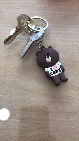 A pair of metal keys is attached to a keyring alongside a cute bear keychain. The bear character is brown and wears a white shirt with the words 'I ❤️ CONY' printed on it.