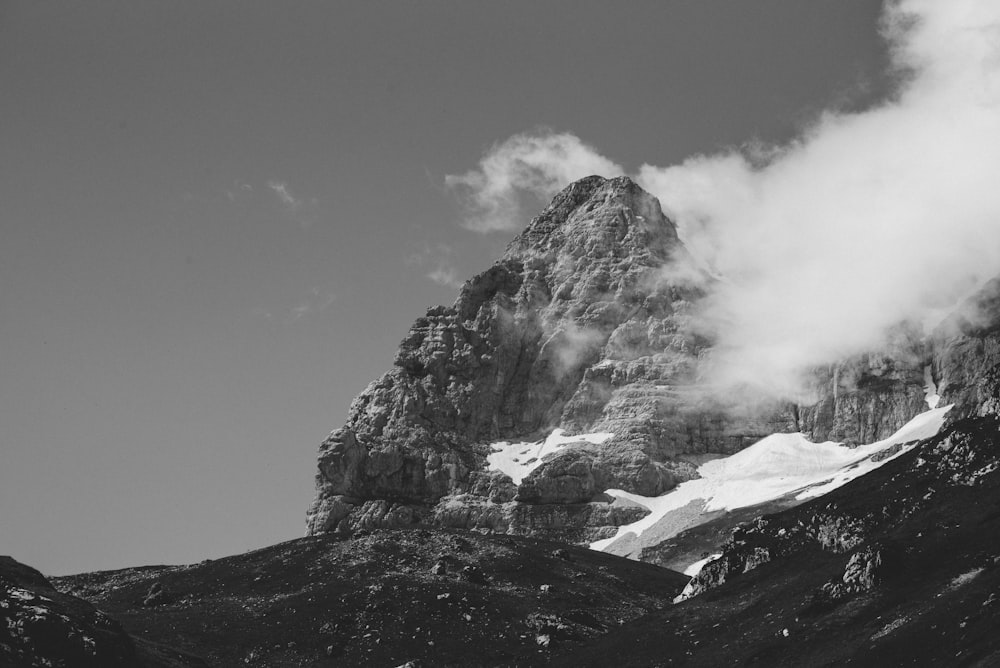 grayscale photo of mountain range