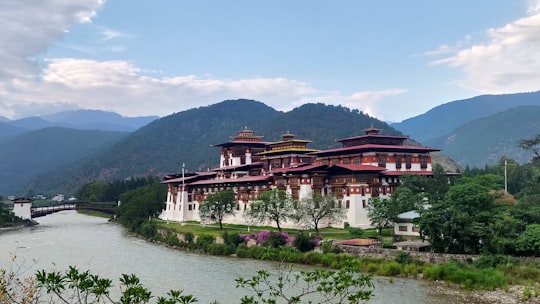 brown and white concrete building near green trees and lake during daytime in Punakha Dzong Bhutan