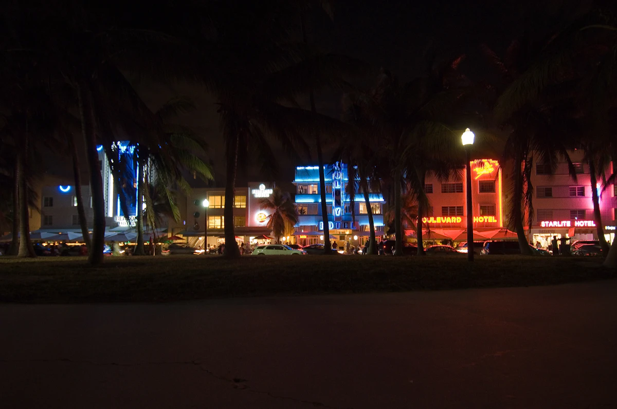 Ocean Drive in Miami Beach glowing at night