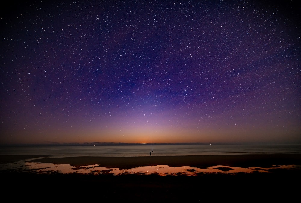 silhouette of person standing on seashore under starry night