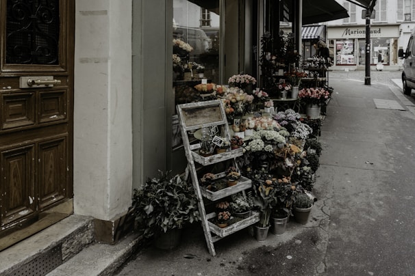 A quaint flower shop with a variety of potted plants and bouquets displayed outside on several tiers of a rustic wooden stand. The shop is situated on a narrow street with cobblestone pavement, and the background shows other storefronts and a van parked by the curb. The building has a vintage wooden door, adding charm to the scene.