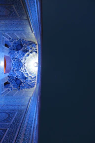 Close-up of intricate Moorish tile patterns infused with glowing neon accents.
