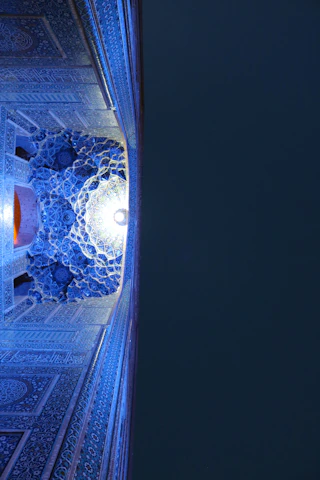 Close-up of intricate Moorish tile patterns infused with glowing neon accents.