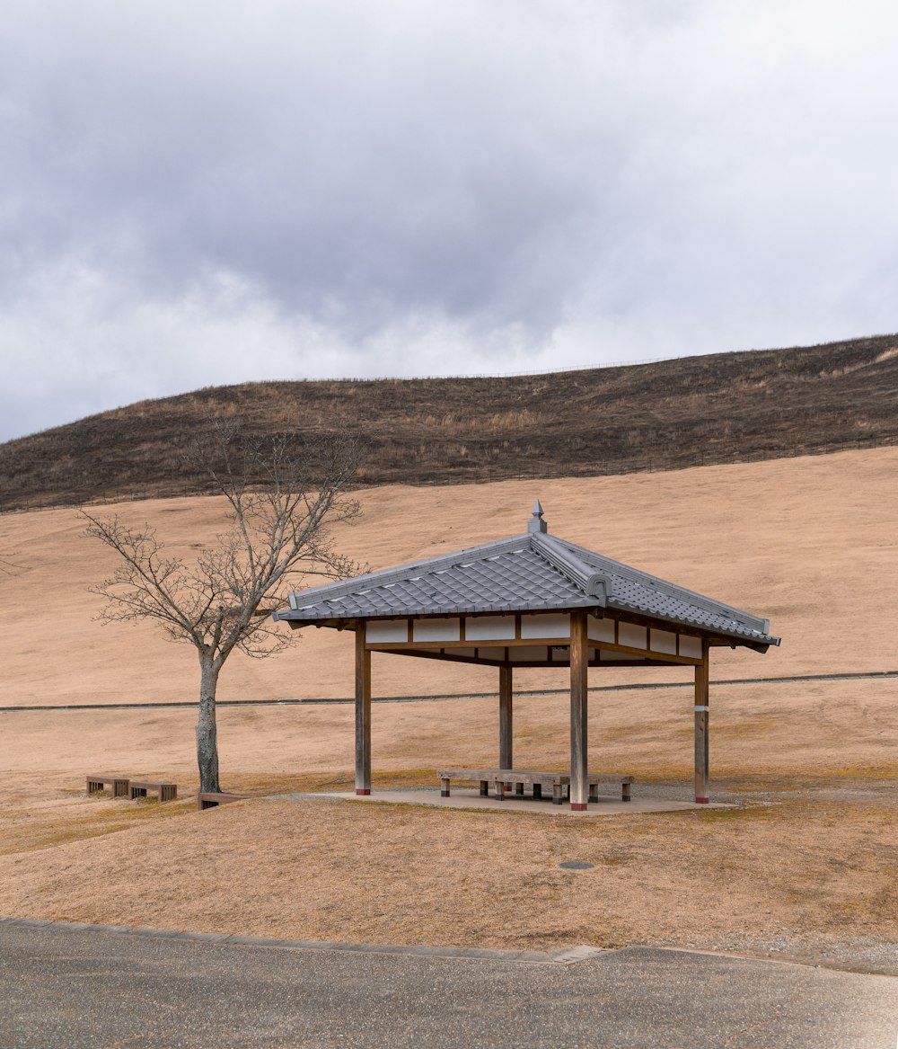 brown and gray wooden gazebo near bare trees under white clouds during daytime