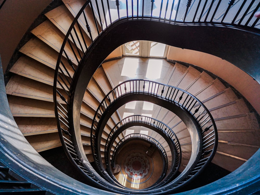 black spiral staircase with black metal railings