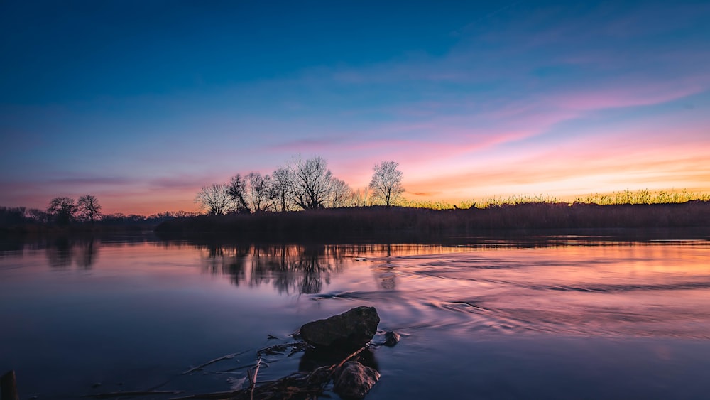 body of water near trees during sunset