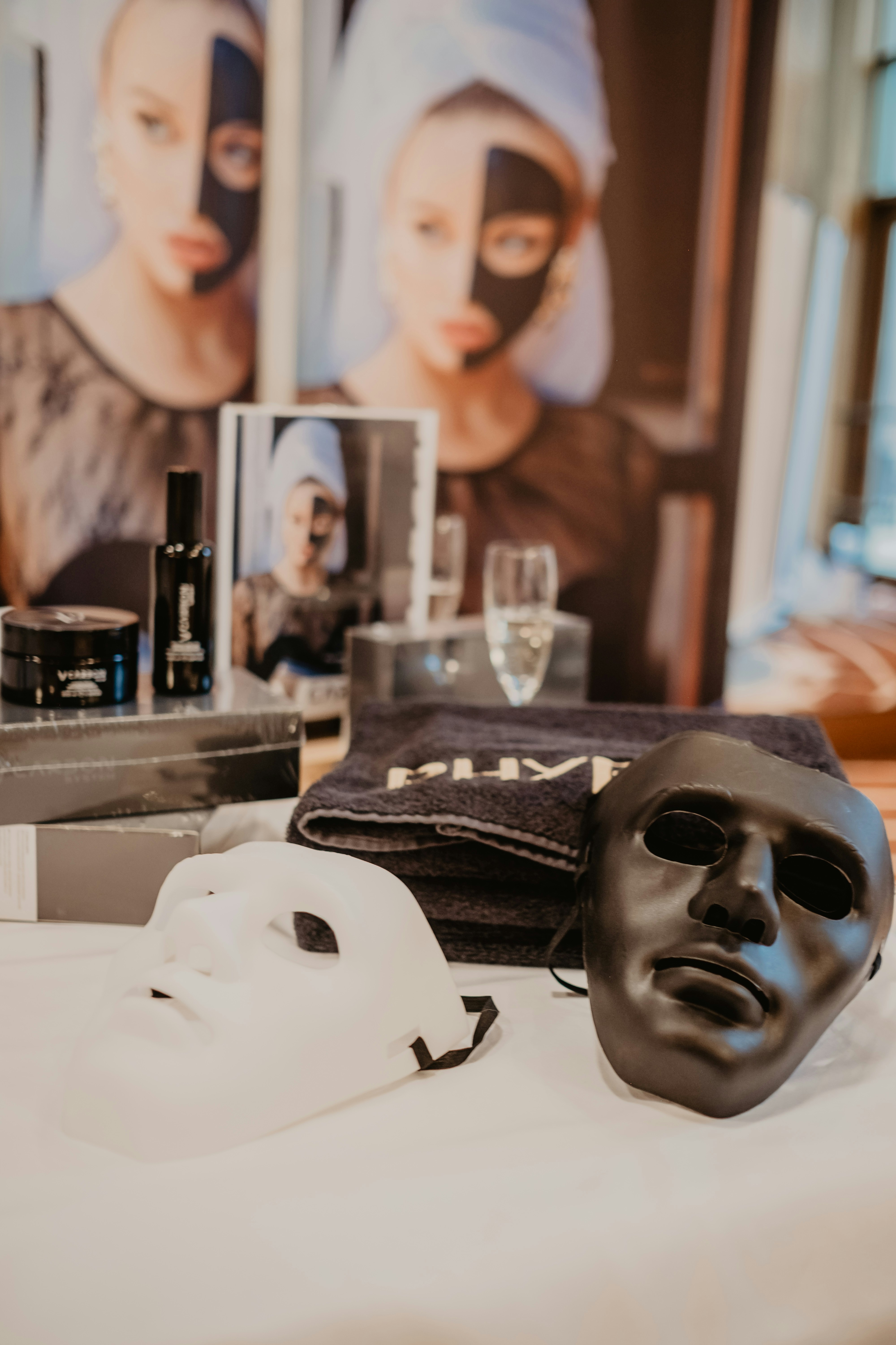 white mask on black table
