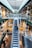 A modern shopping mall with multiple levels, featuring a large central escalator flanked by glass railings. The architecture includes geometric patterns on the floors and a high ceiling with skylights that allow natural light to flood the space. Various stores and small kiosks line the walkways, and there are decorative elements such as hanging plants and colorful flowers. Shoppers are visible browsing and walking on different levels.